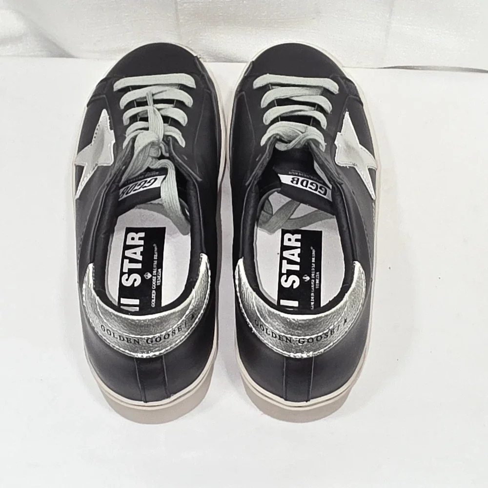 Golden Goose Hi Star Classic Shoes Womens Size 38 Black Silver Colorway Leather